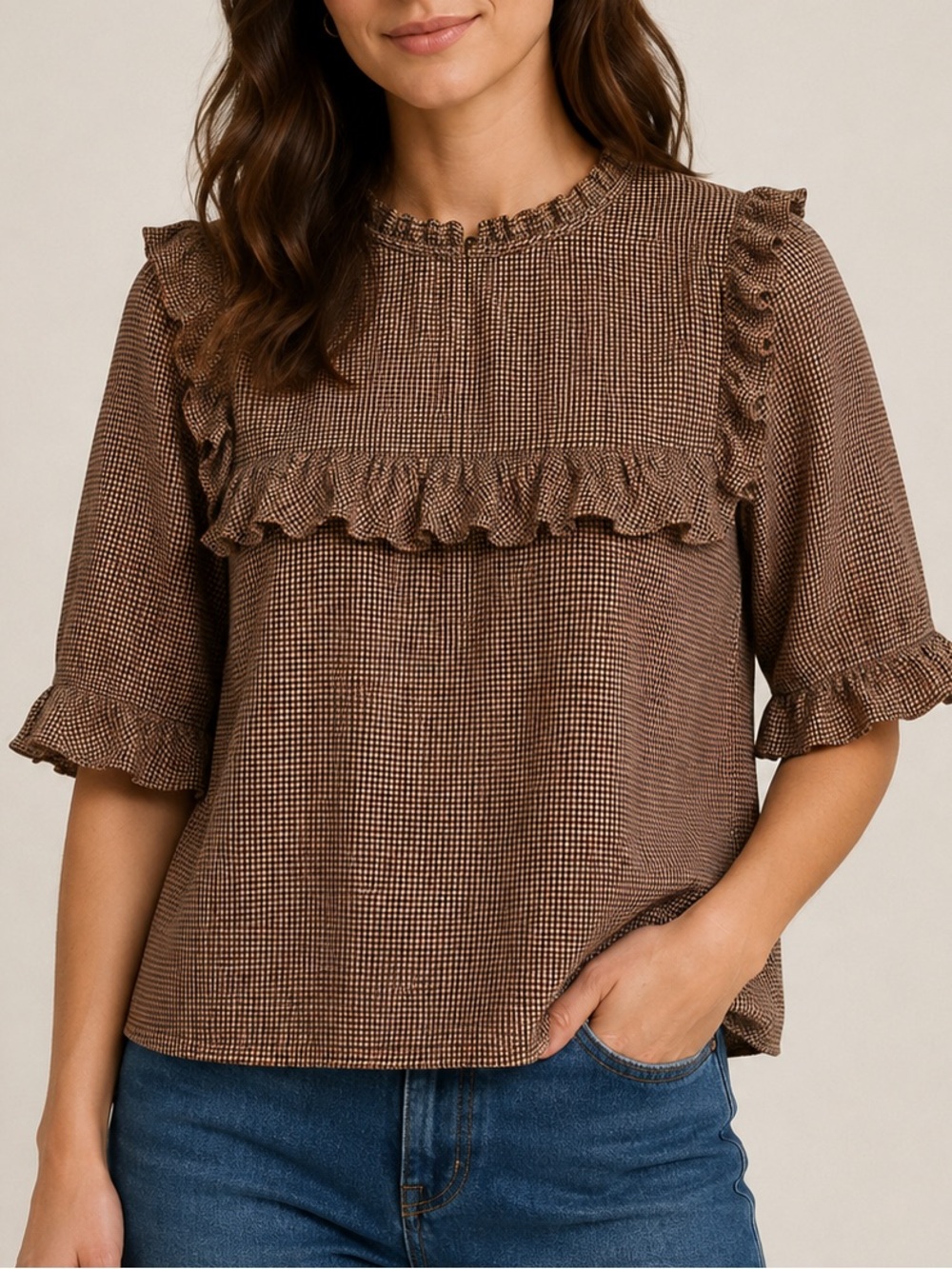 Zara Woman Houndstooth Ruffle Blouse Size L